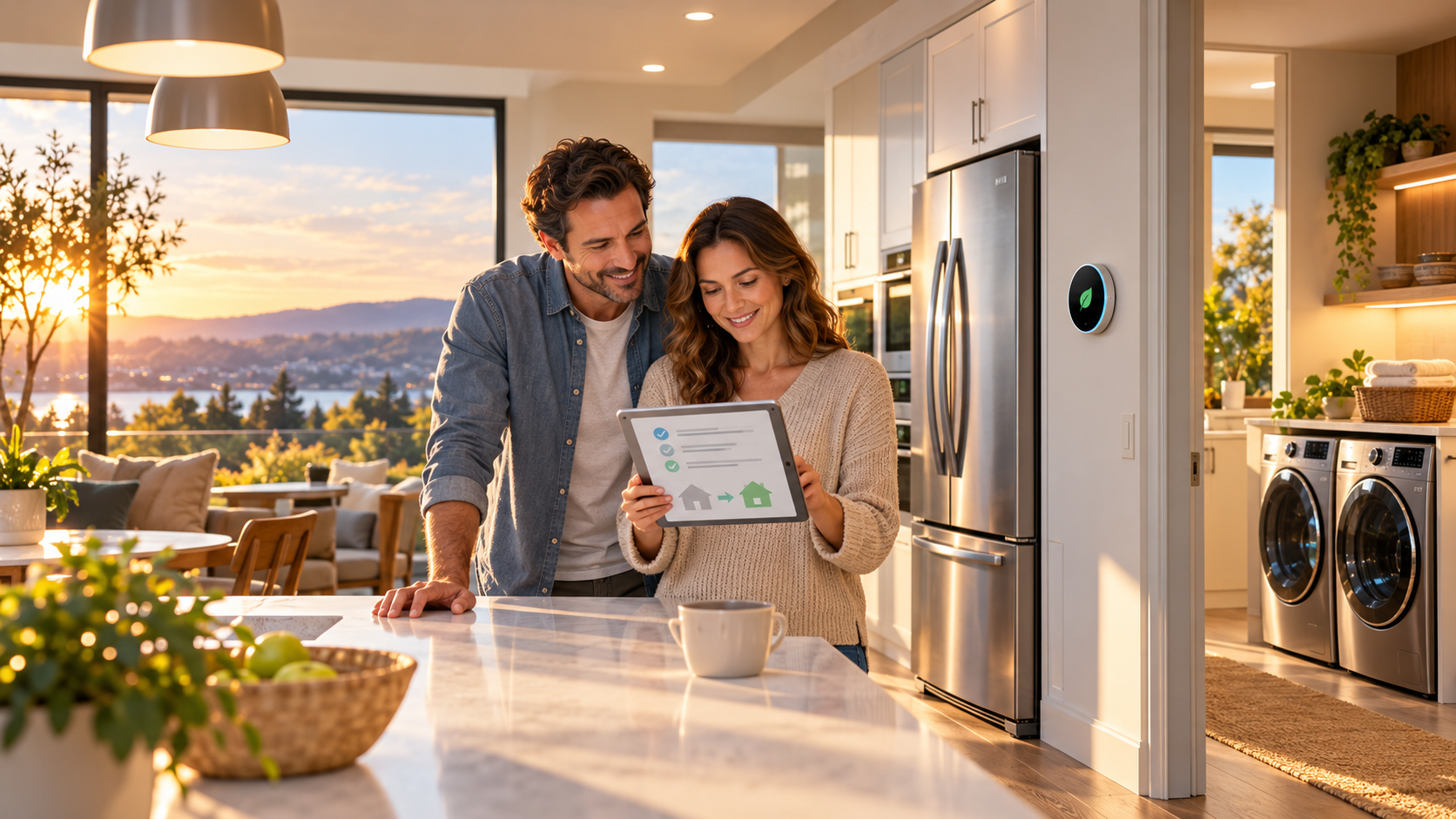 Homeowners reviewing energy efficiency information in a modern ENERGY STAR-style efficient home