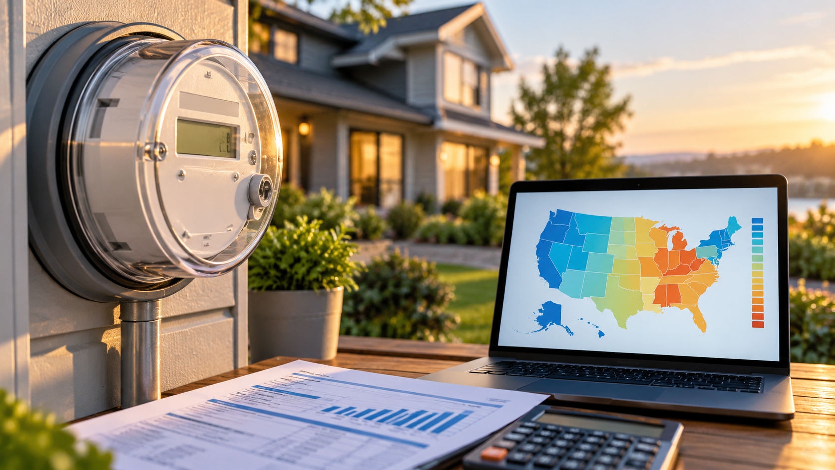 Residential electric meter with U.S. map and utility bill representing electricity prices by state