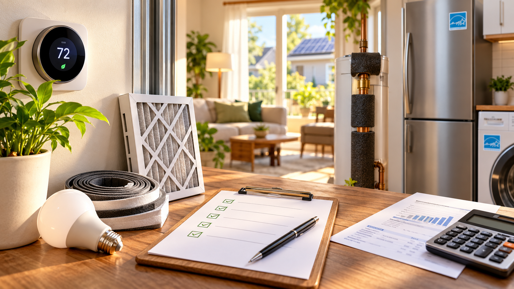 Home energy efficiency checklist with thermostat LED bulb insulation and utility information