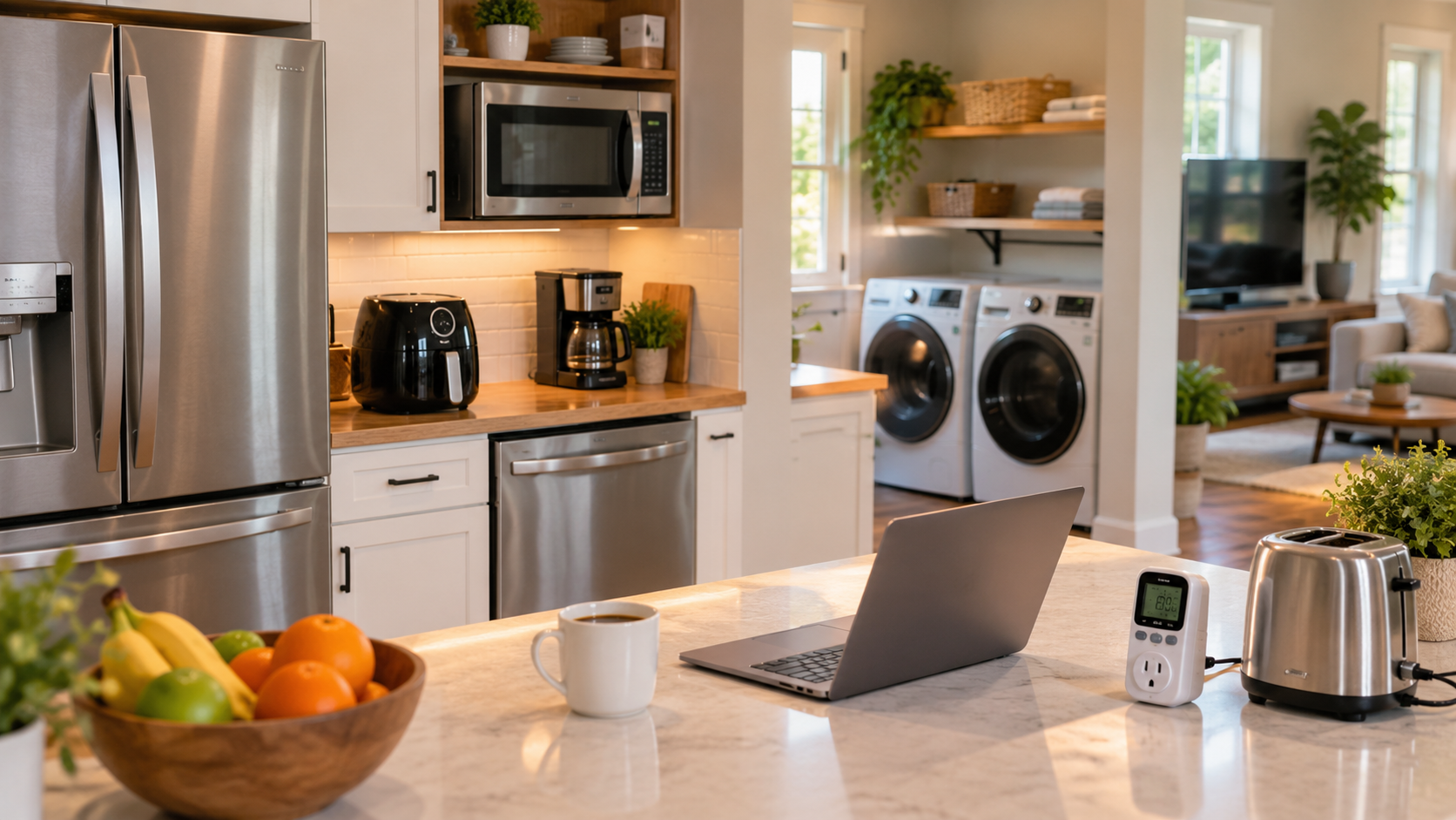 Modern home with common household appliances and an electricity monitor representing appliance energy use