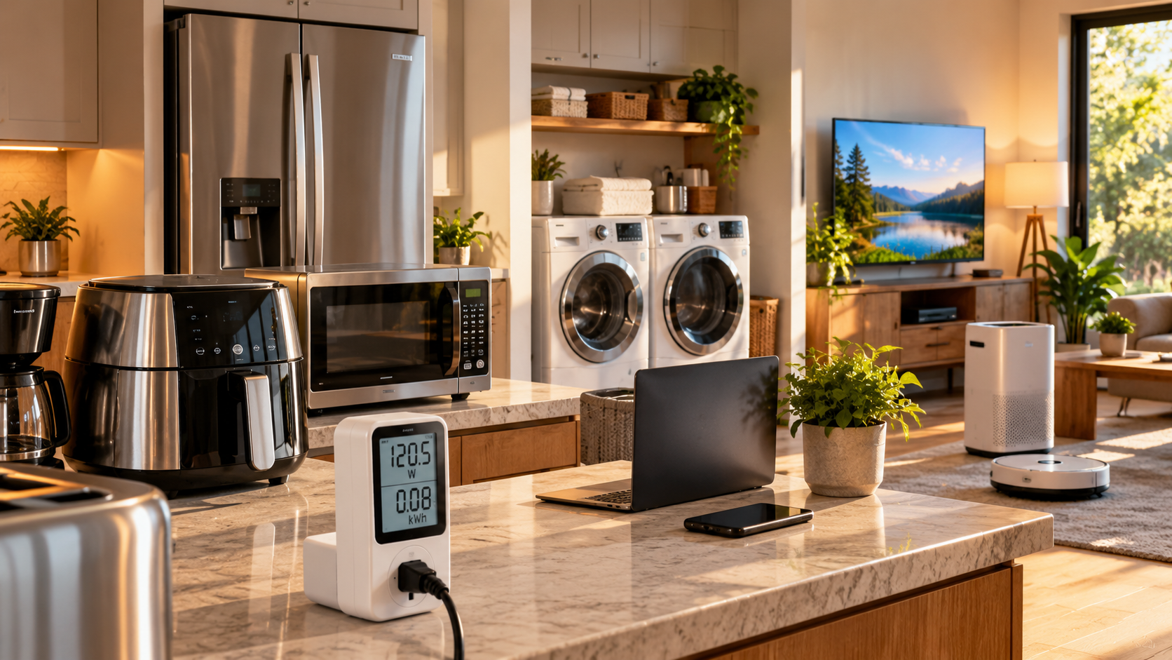 Modern household appliances and plug-in power meter representing appliance wattage and electricity costs