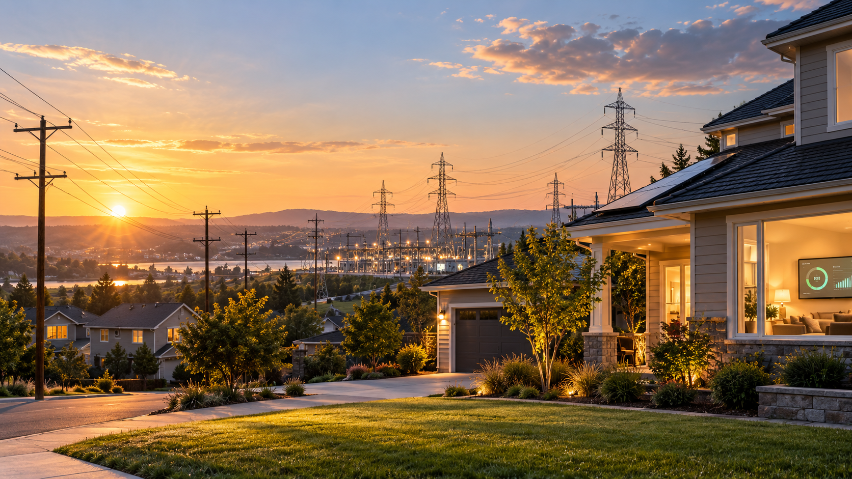 Modern American home with power grid infrastructure representing U.S. transmission upgrades and electricity reliability