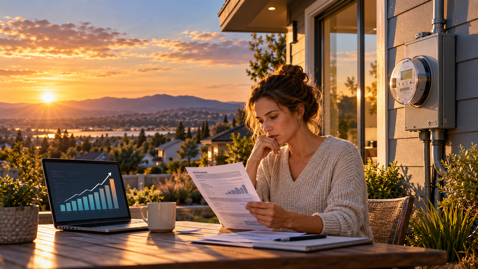 Homeowner reviewing an electricity bill beside a home electric meter as residential power prices rise