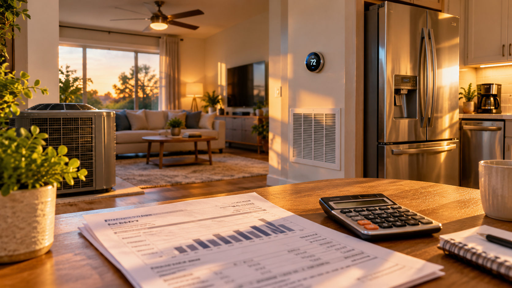 Home utility bill, calculator, appliances and thermostat representing the causes of a high electric bill
